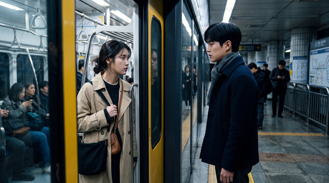 Young couple facing each other through subway train doors at station for cinematic urban scene and dramatic banner