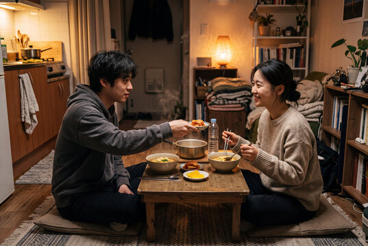 Young couple sharing homemade dinner at a low table in a cozy apartment interior for lifestyle background and intimate scene content