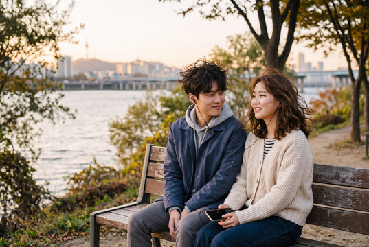 Young couple sitting on riverside bench in autumn park smiling for lifestyle portrait background and romantic banner design