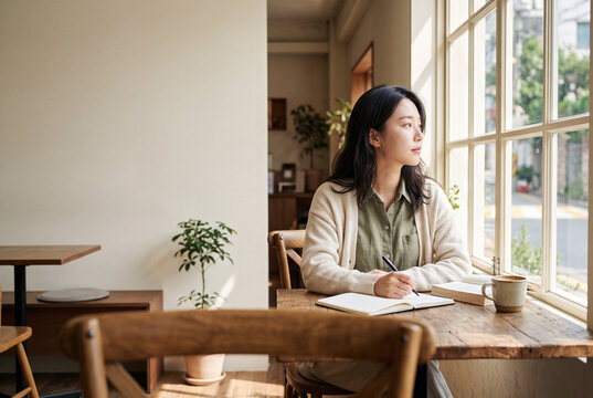 Young woman writing in a notebook at a sunny cafe window for workspace background and lifestyle banner design for remote study