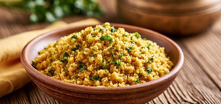 A warm, earthy arrangement of colorful couscous and fresh herbs in a rustic wooden bowl, softly lit.