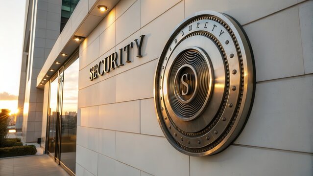 Security Emblem on Textured Building Facade at Sunset