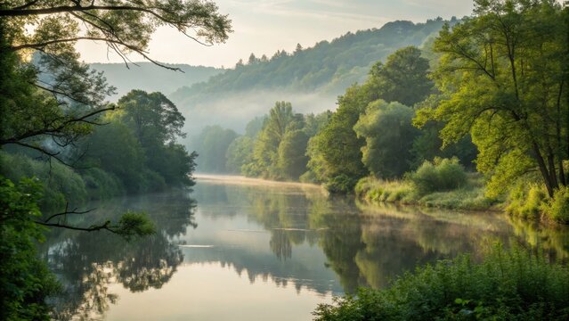Serene River Flows Through Lush Green Forest Morning Mist