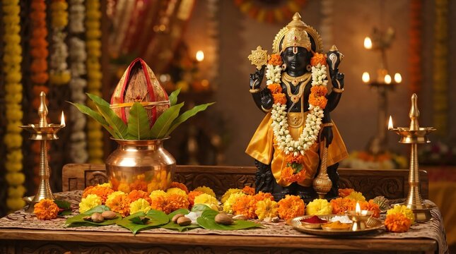 Balarama Jayanti Celebration Statuette of Balarama adorned with flowers and traditional offerings symbolizing devotion and faith.