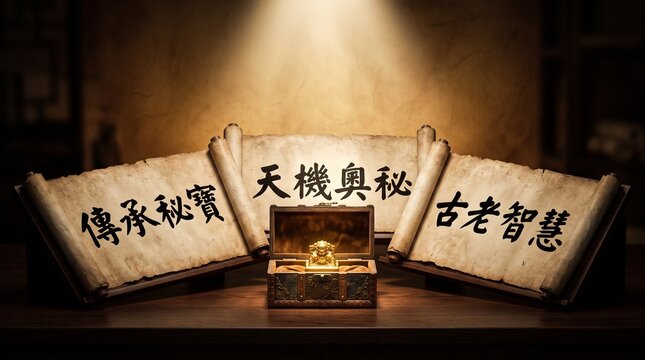 Beautiful ancient chinese calligraphy scrolls and a classic traditional wooden box are dramatically lit by a single spotlight against a dark backdrop