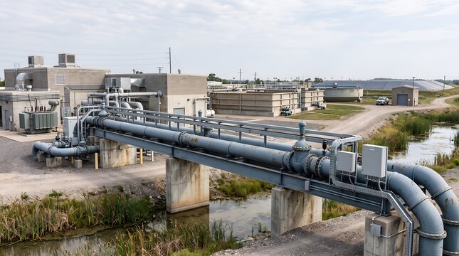 Modern wastewater treatment plant exterior with large industrial metal pipes spanning across a drainage ditch