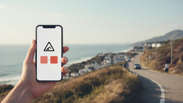 Hand holding smartphone with wave warning icon on coastal road
