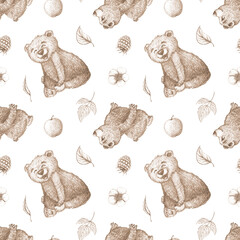 A seamless children's pattern with baby bears and raspberries. The illustration is hand drawn in pencil for confectionery packaging, wrapping paper, menus and textiles. © andrey