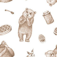 Seamless children's pattern featuring baby bears and jam. Hand drawn pencil illustration for tea packaging, wrapping paper, menus and textiles. © andrey