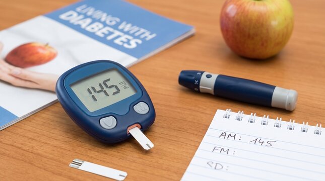 Diabetes management concept with blood glucose meter with book titled living diabetes wooden meter notebook apple condition lifestyle medicine wellness medical disease with health