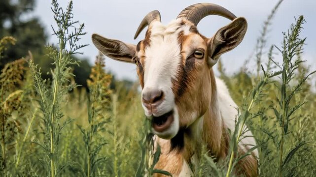 Goat standing in tall grass and looking towards the camera  