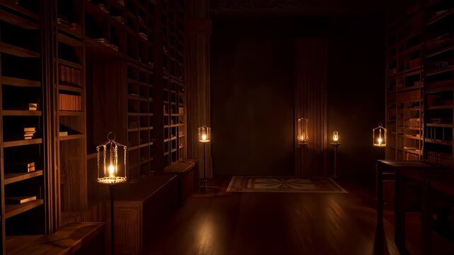 Ancient Library Interior with Tall Wooden Bookshelves and Glowing Lanterns in Dim Candlelit Ambiance and Dim Lighting