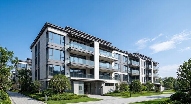 Low rise luxury apartment building exterior with manicured garden for real estate investment