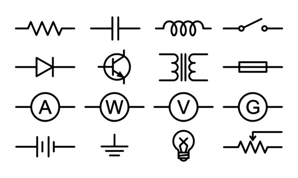Set of basic electronic circuit symbols for engineering diagrams and electrical schematics in a flat vector style