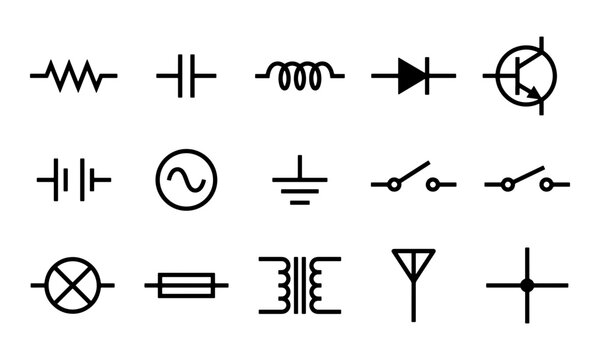 Set of basic electronic circuit symbols including resistors capacitors and transistors in a clean vector line style