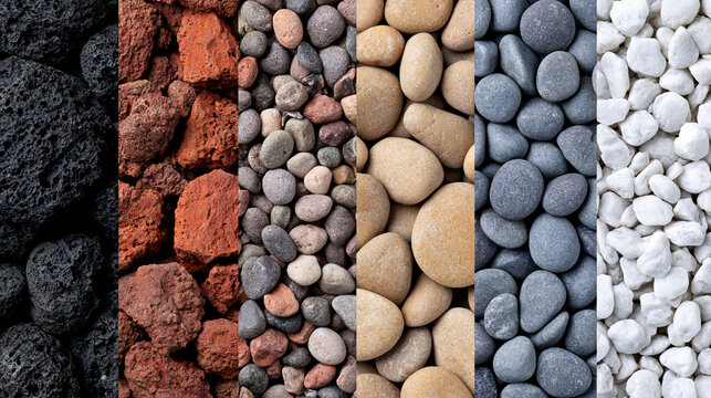 Collage of different colorful natural stones arranged in rows. Decorative rock landscaping and design texture concept.