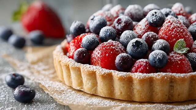Delicious berry tart with fresh strawberries and blueberries, topped with powdered sugar