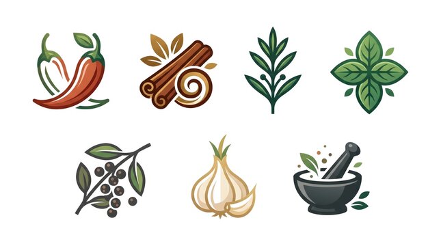 A minimalist vector icon set representing various cooking spices and aromatic herbs