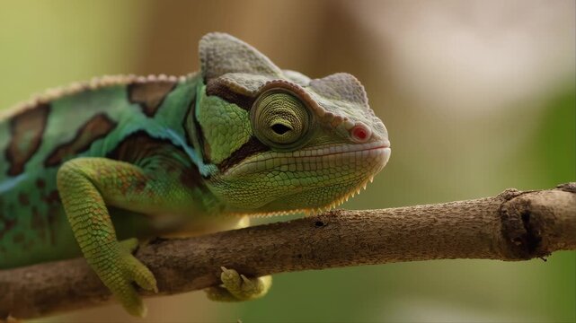 Chameleon Perched on a Branch with Shifting Gaze and Subtle Head Movements in a Natural Setting and Perched on Branch