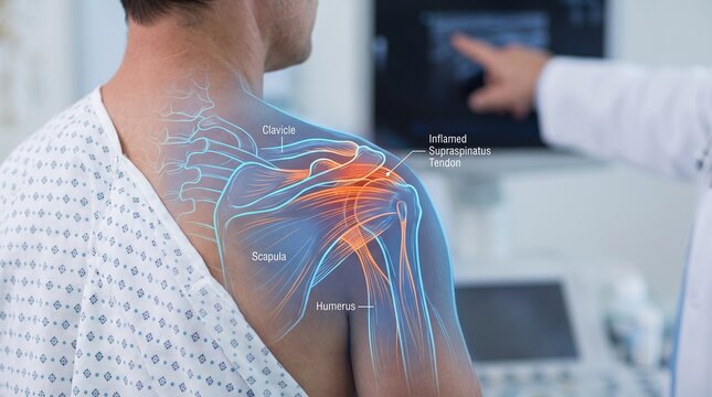 Shoulder injury anatomy with inflamed supraspinatus tendon with man s shoulder anatomical overlay highlighting clavicle clavicle scapula humerus inflammation examination with diagnosis