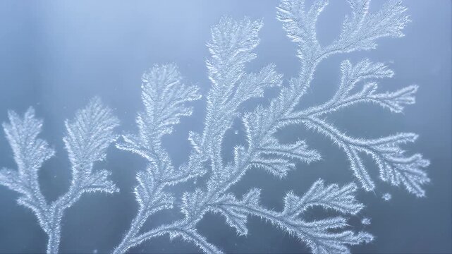 Frost Pattern Forming on Glass Surface in Intricate Branching Design with Blue Gradient Background and Icy Texture