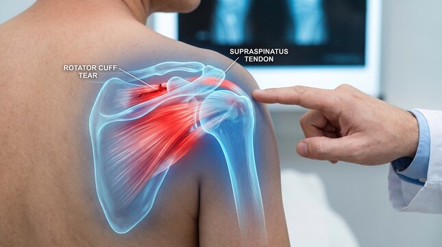 Shoulder injury with rotator cuff tear with doctor pointing shoulder supraspinatus tendon medical illustration physical therapy medical imaging x ray rehabilitation with orthopedic
