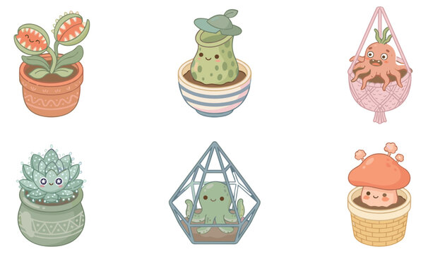Cute Houseplants Sticker Set Featuring Kawaii Cartoon Characters of Venus Flytrap Pitcher Plant Succulent Mushroom and Octopus in Terrarium and Macrame Hangers