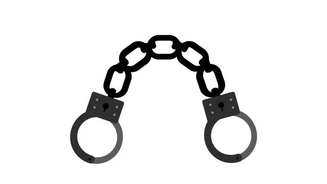 Metal handcuffs connected by a chain zoom in and out animation on both white and green backgrounds.