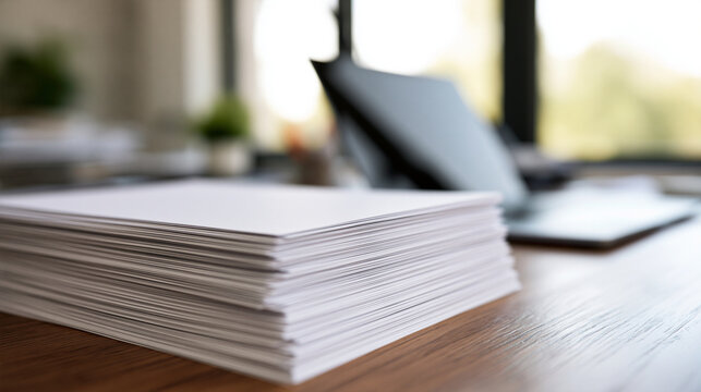 A stack of white paper sits on an office desk with a blurred laptop in the background. Concept for professional.