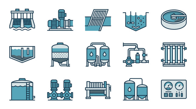 Set of 15 industrial water treatment and purification icons for wastewater management systems