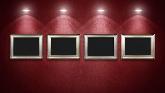 Four blank horizontal picture frames on a dark red textured wall with interior