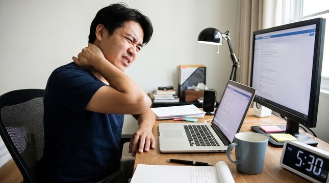 Man experiencing neck pain while working on computer at desk with sitting desk clutching his neck discomfort muscle strain computer use office work productivity technology