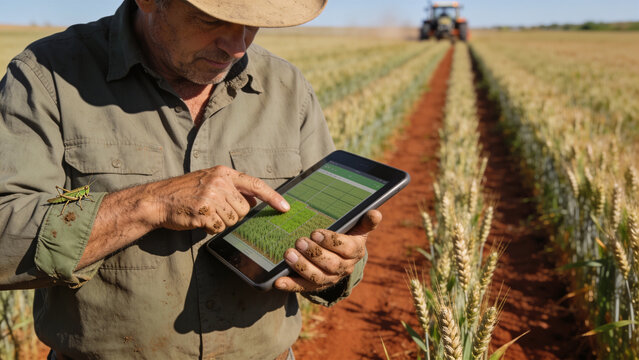 Farmer checking crop data on a tablet in a wheat field during harvest