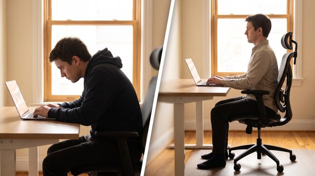 Proper and improper posture while working on laptop at desk with correct incorrect posture split screen comparison desk well lit comparison man productivity ergonomics with workspace