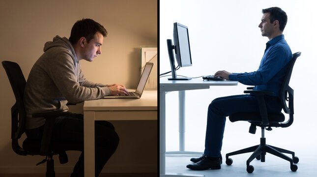 Poor posture vs good posture at work with two men with desks different postures while working computers sitting desks productivity ergonomics comparison technology workspace