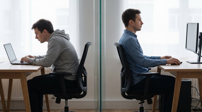 Man demonstrating poor and correct sitting posture at office desk with computer with posture right while posture left productivity ergonomics technology lifestyle workspace