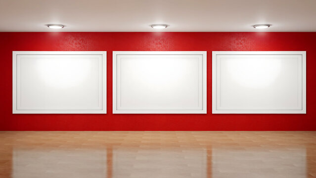 Three blank horizontal picture frames on a red gallery wall with lighting