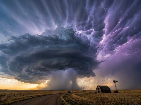 Severe Thunderstorm with Lightning and Mammatus Clouds over Country Road