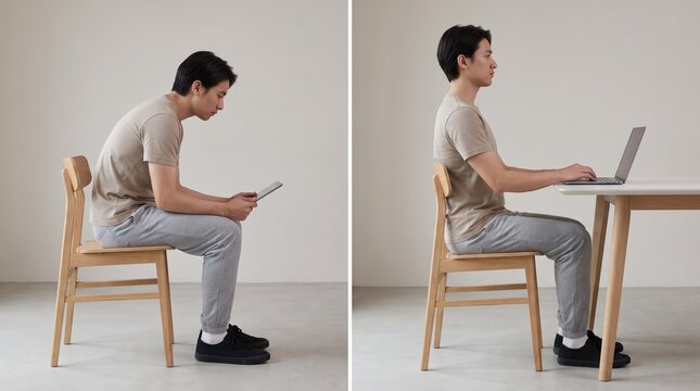 Man demonstrating poor and correct sitting postures at desk with one slouching while holding tablet other sitting up straight desk two different postures demonstrate ergonomic