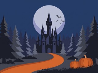 Fototapeta premium Spooky pixel art castle with full moon and pumpkins in a dark forest for halloween night theme