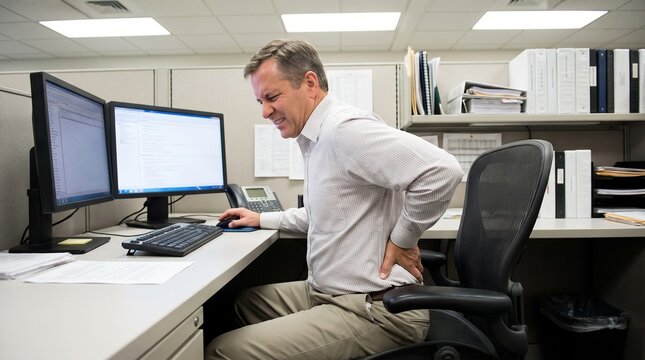 Middle aged man experiencing back pain at office desk with dual monitors with back indicating discomfort hand his lower sitting office office worker technology workspace with computer
