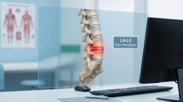 Spinal disc herniation at l4 l5 vertebrae with office background with model spine herniated desk office setting back pain vertebral computer sciatica skeletal medical with anatomy
