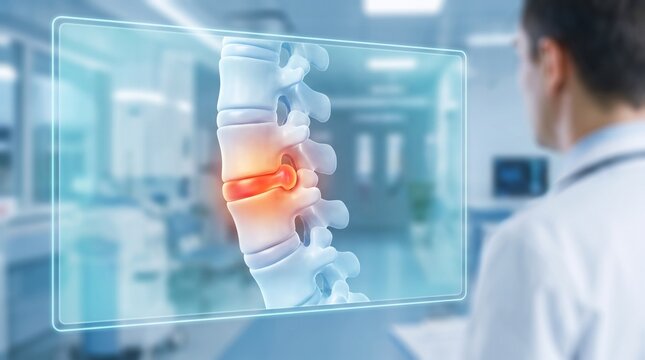 Medical professional examines spine with herniated disc visualization with setting examining visualization disc highlighted red professional clinical rehabilitation examination