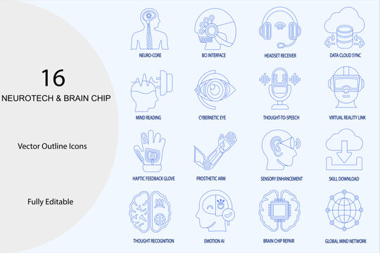16 AI and Neurotech Vector Icons Set - Bionic Brain, VR & Cybernetics Line Art.