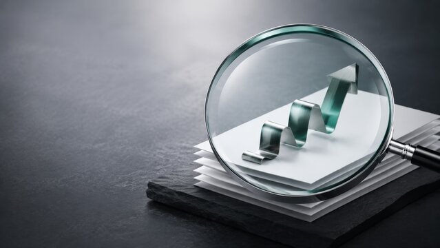 Focused Analysis of Business Innovation Trends with Magnifying Glass on Growth Chart in Professional Office Setting