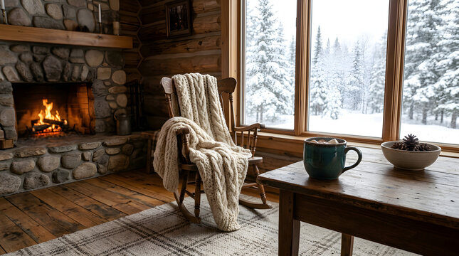 Cozy cabin interior with a rocking chair by a stone fireplace and snowy winter window view