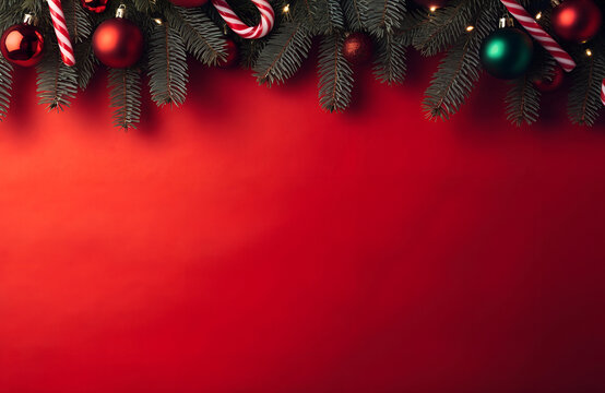 Elegant Christmas Red Background with Festive Decorations and Copy Space
