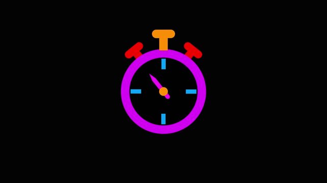 Vibrant cartoon stopwatch with purple face orange and red buttons on a black background symbolizing timekeeping and speed Keywords: stopwatch, timer, time, clock.