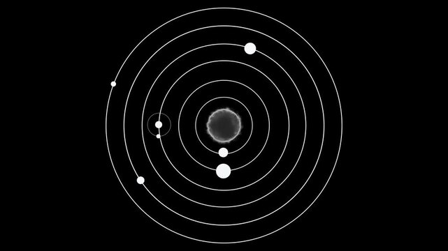 Stylized solar system model with a dark central star and orbiting white planets on concentric white rings against a black void Keywords: solar system, planets.