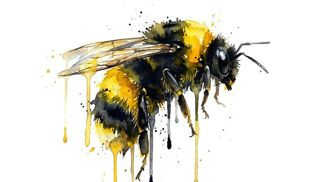 Watercolor bee with yellow and black stripes and dripping paint